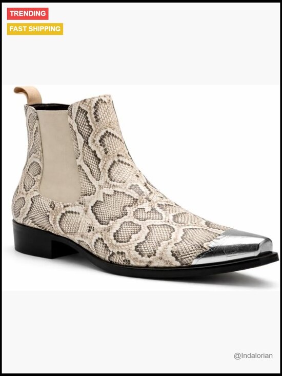 Men\'s Snake Print Chelsea Boots with Metal Pointed Toe, Slip-On Western